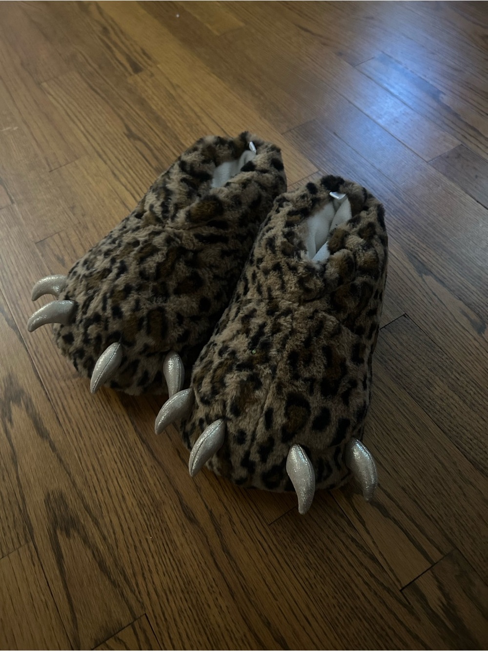 Old Navy Leopard Print Fuzzy Kids Slippers with Silver Claws